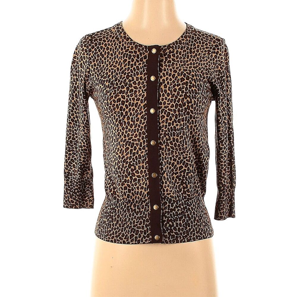 Michael Kors Women's Leopard Print Cardigan Sweater Brown Size S
